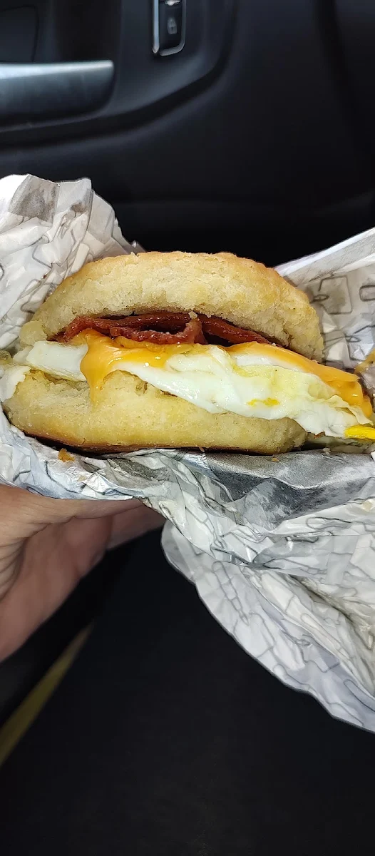 Egg and Cheese with Applewood Smoked Bacon on a Tea Biscuit