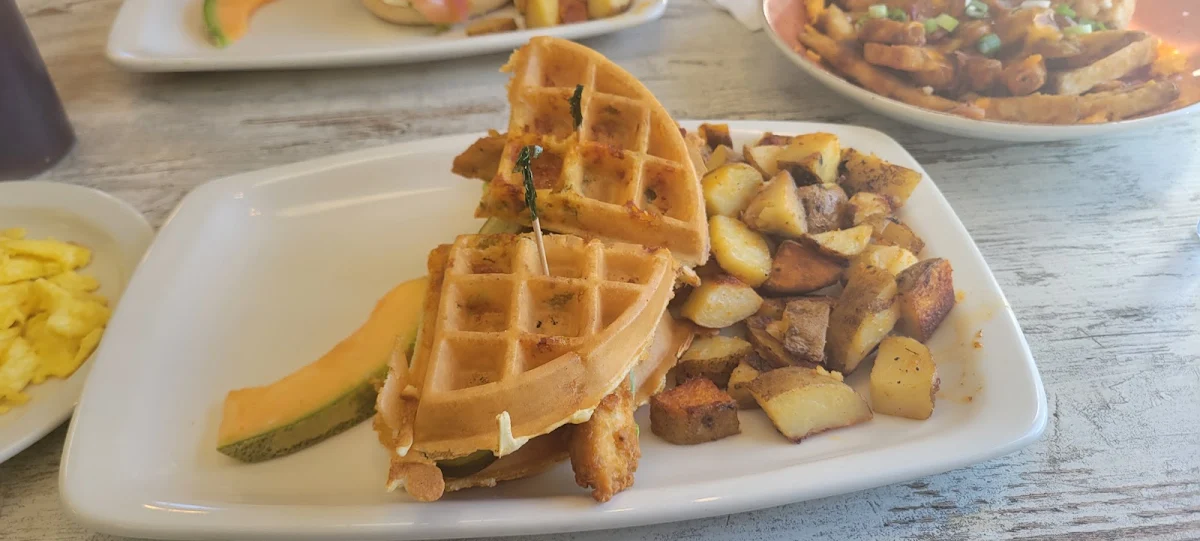 Crispy Chicken Waffle Sandwich with Home Fries