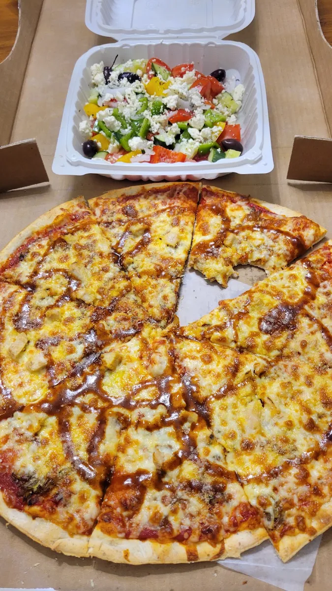 BBQ Chicken Pizza and Mediterranean Salad