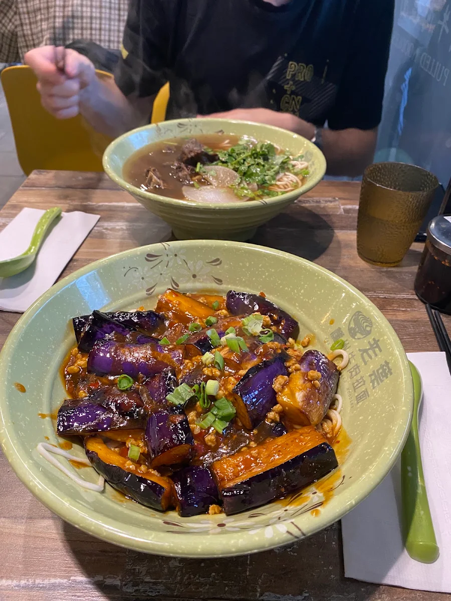 Minced Pork Eggplant with Spicy Garlic Sauce on Noodles Spicy