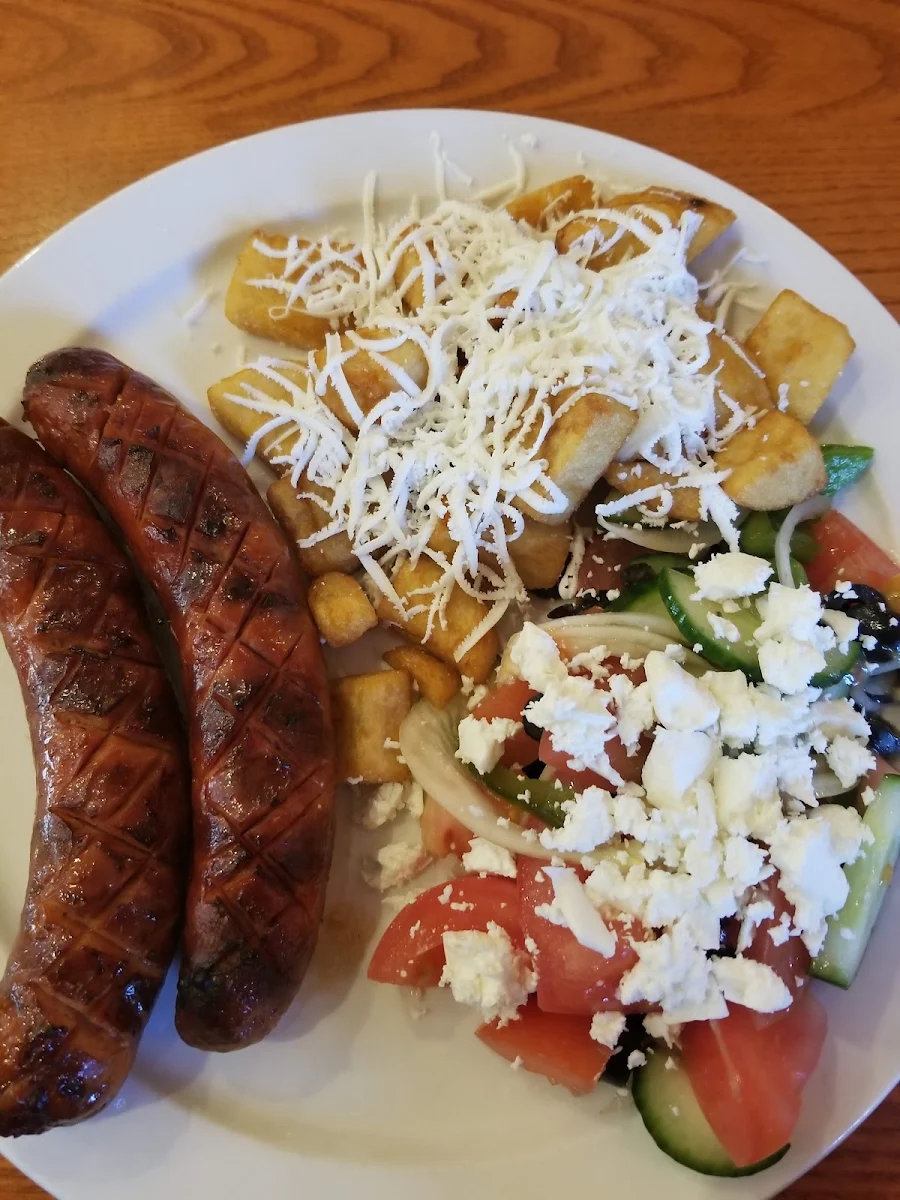 Sausage with Greek Salad and Potatoes with Feta Cheese