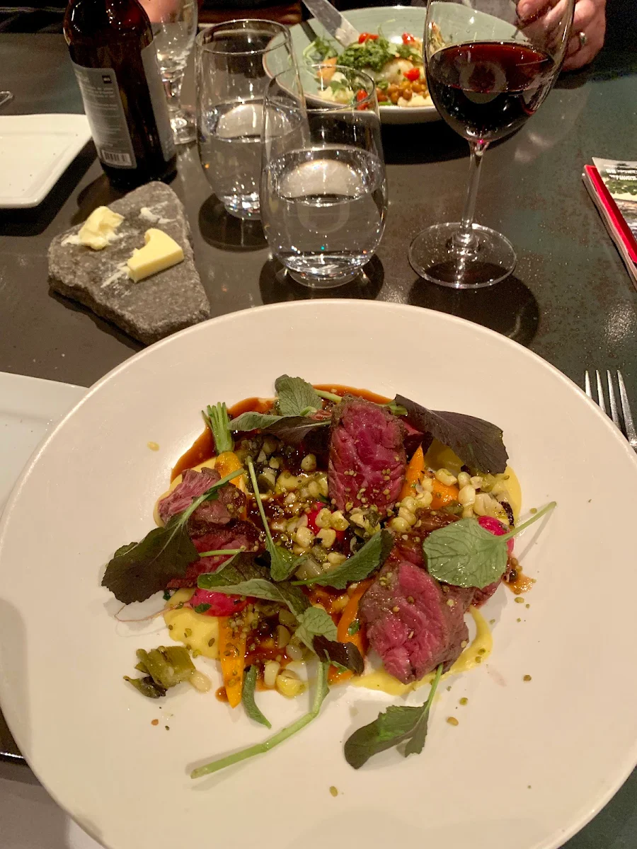 Hanger Steak with Green Peppercorn Sauce and Corn