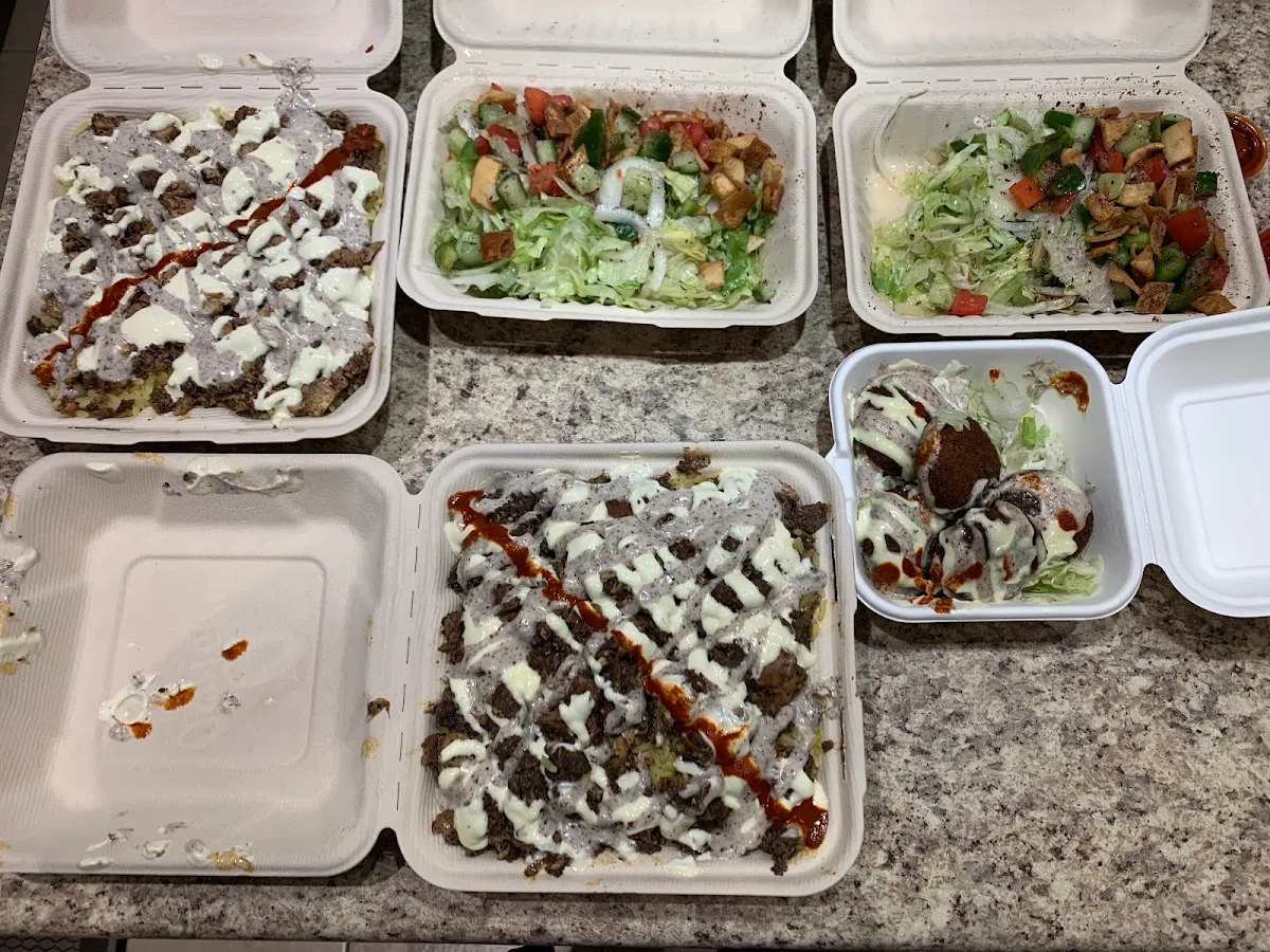 Chicken Shawarma Platter Fattoush Salads Falafels and Mixed Chicken & Beef Platter