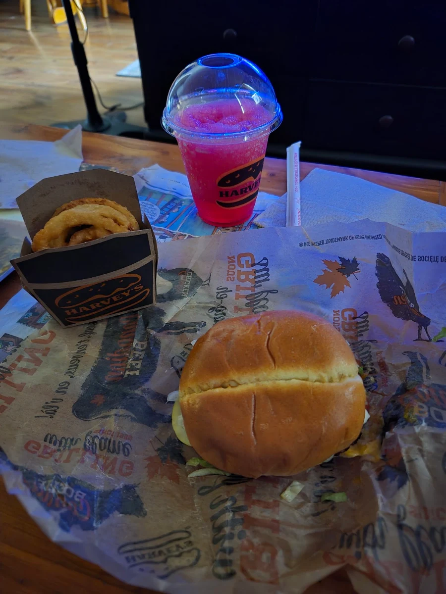 Angus Cheese and Bacon Burger Onion Rings and Cream Soda Slushy