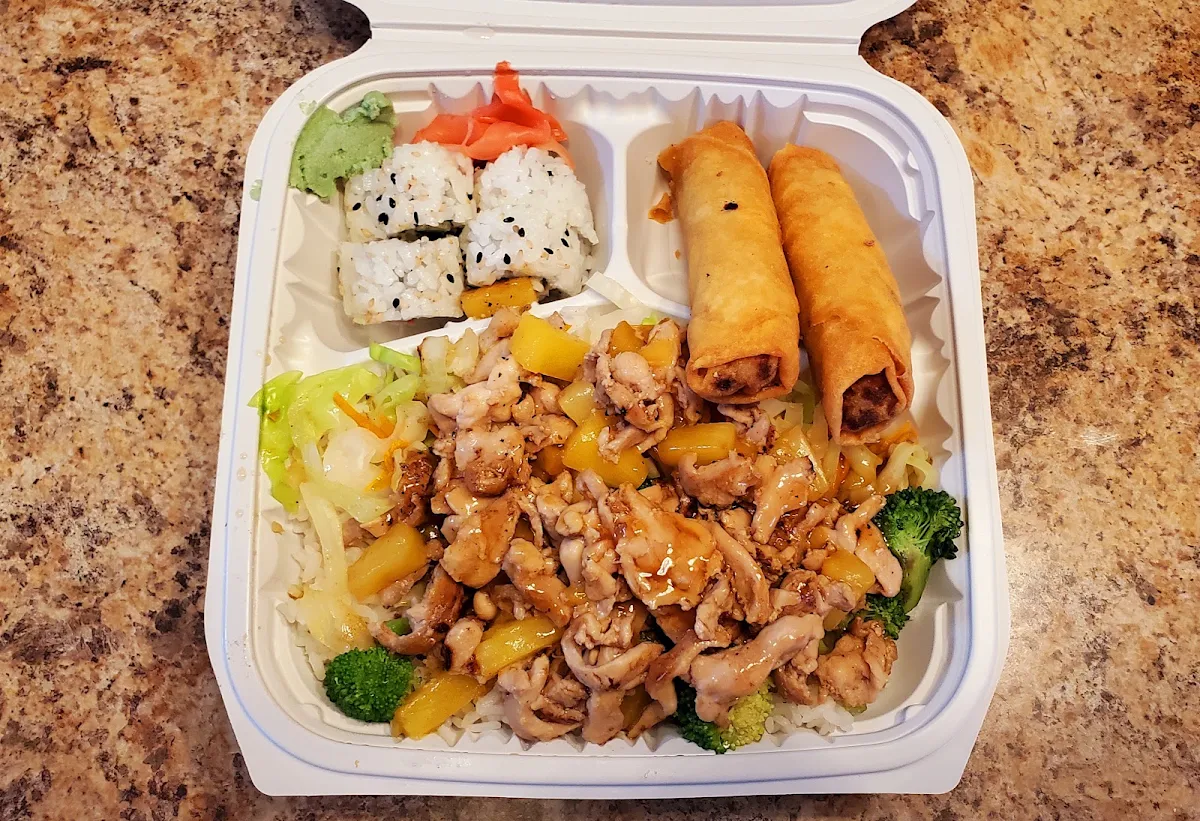 Hawaaian Chicken Bento Box with Spring Rolls
