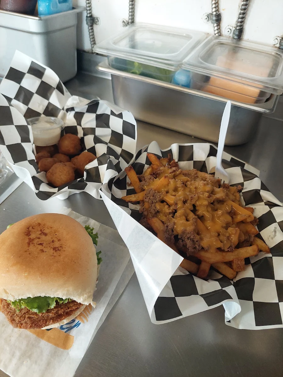 Nacho Cheese Fries Battered Mushrooms Breaded Chicken Sandwich