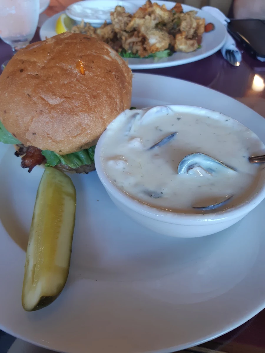 Blue Cheese Bacon Burger with Seafood Chowder