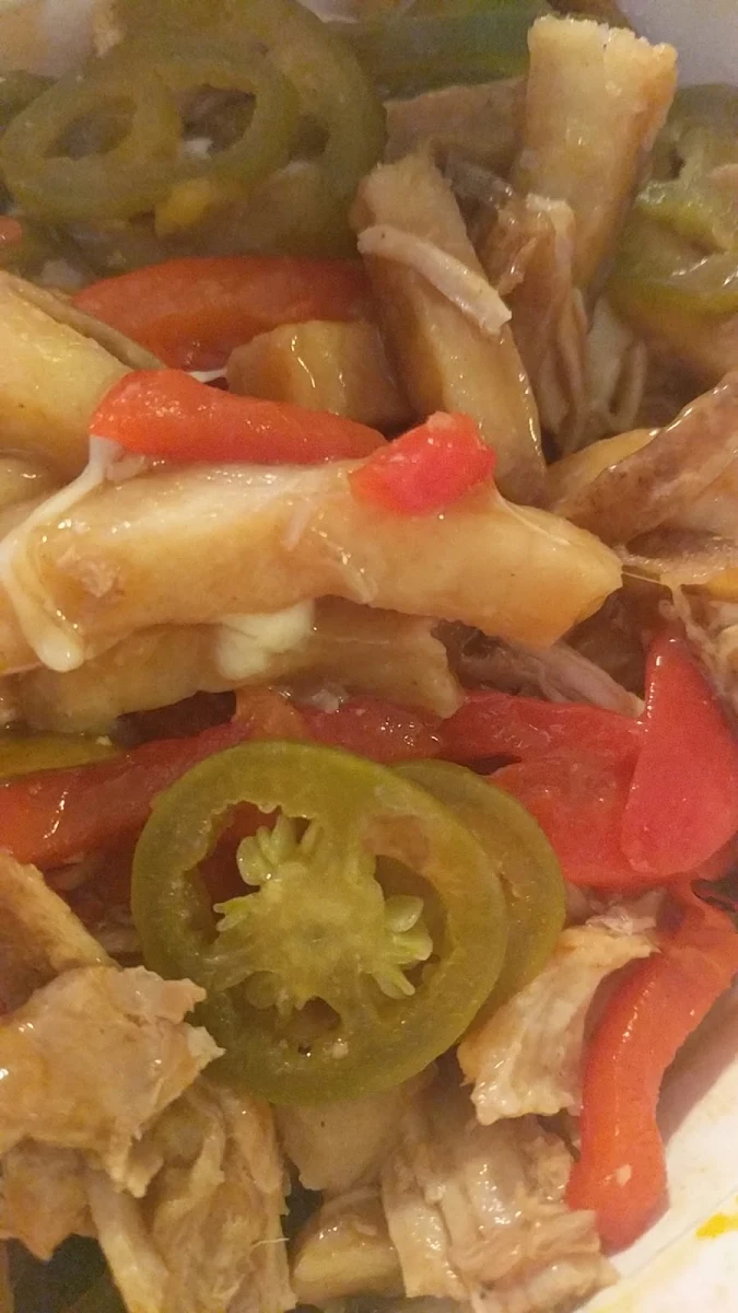 Pulled Pork Poutine with Roasted Red Peppers
