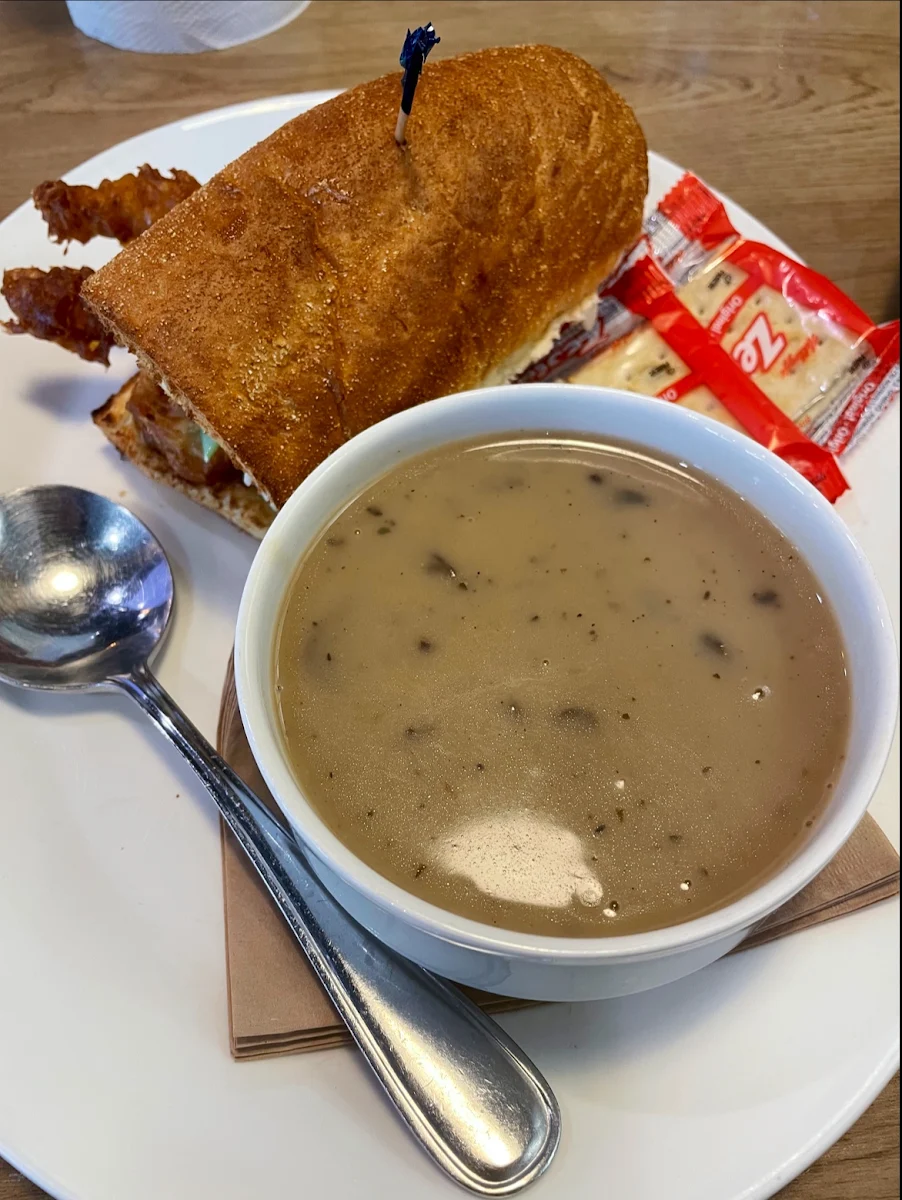 Breaded Fish and Garlic Bread Sandwich with Cream of Mushroom Soup