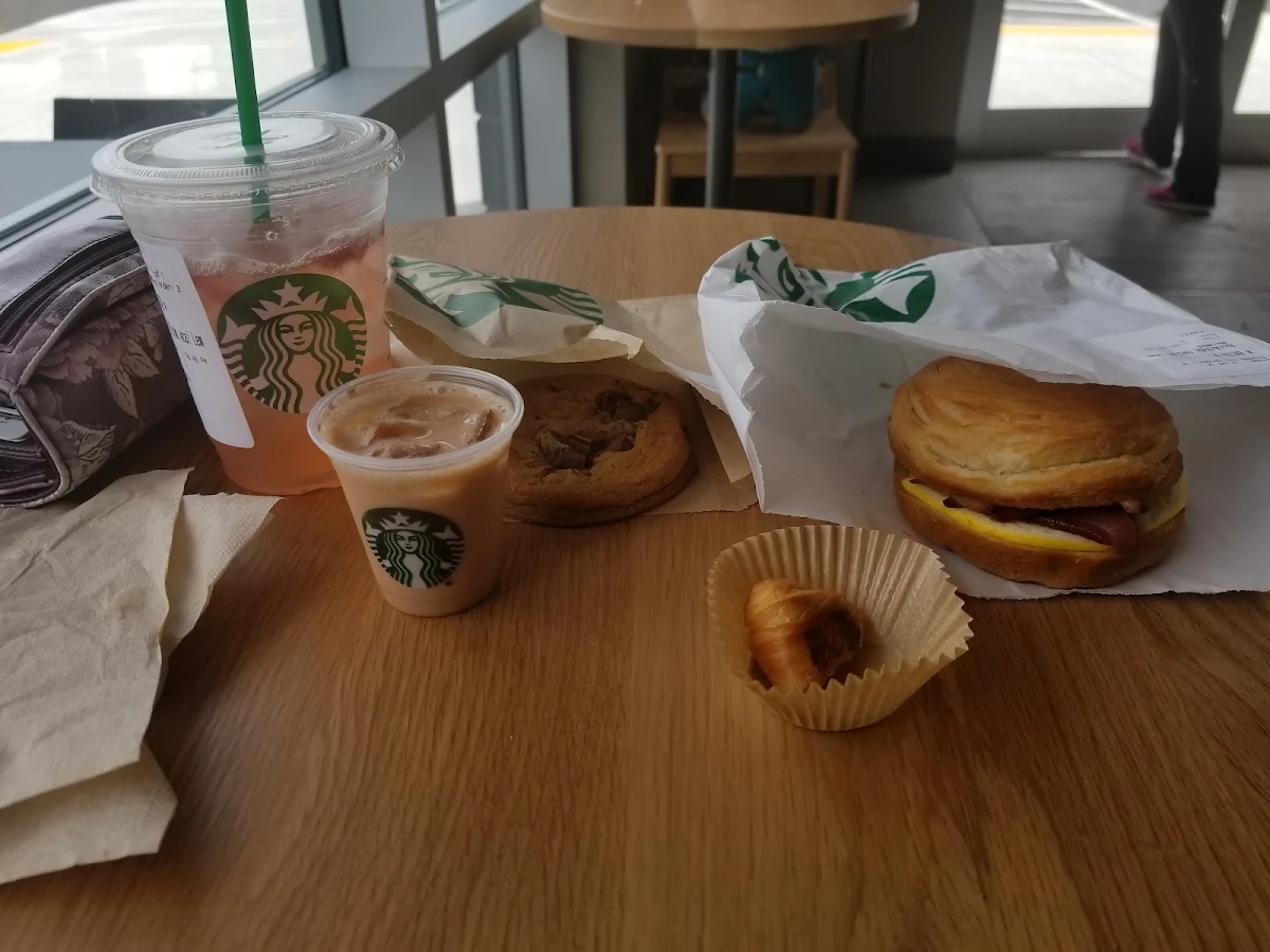 Acai Refresher and Bacon Egg Breakfast Sandwich and Choc Chunk Cookie