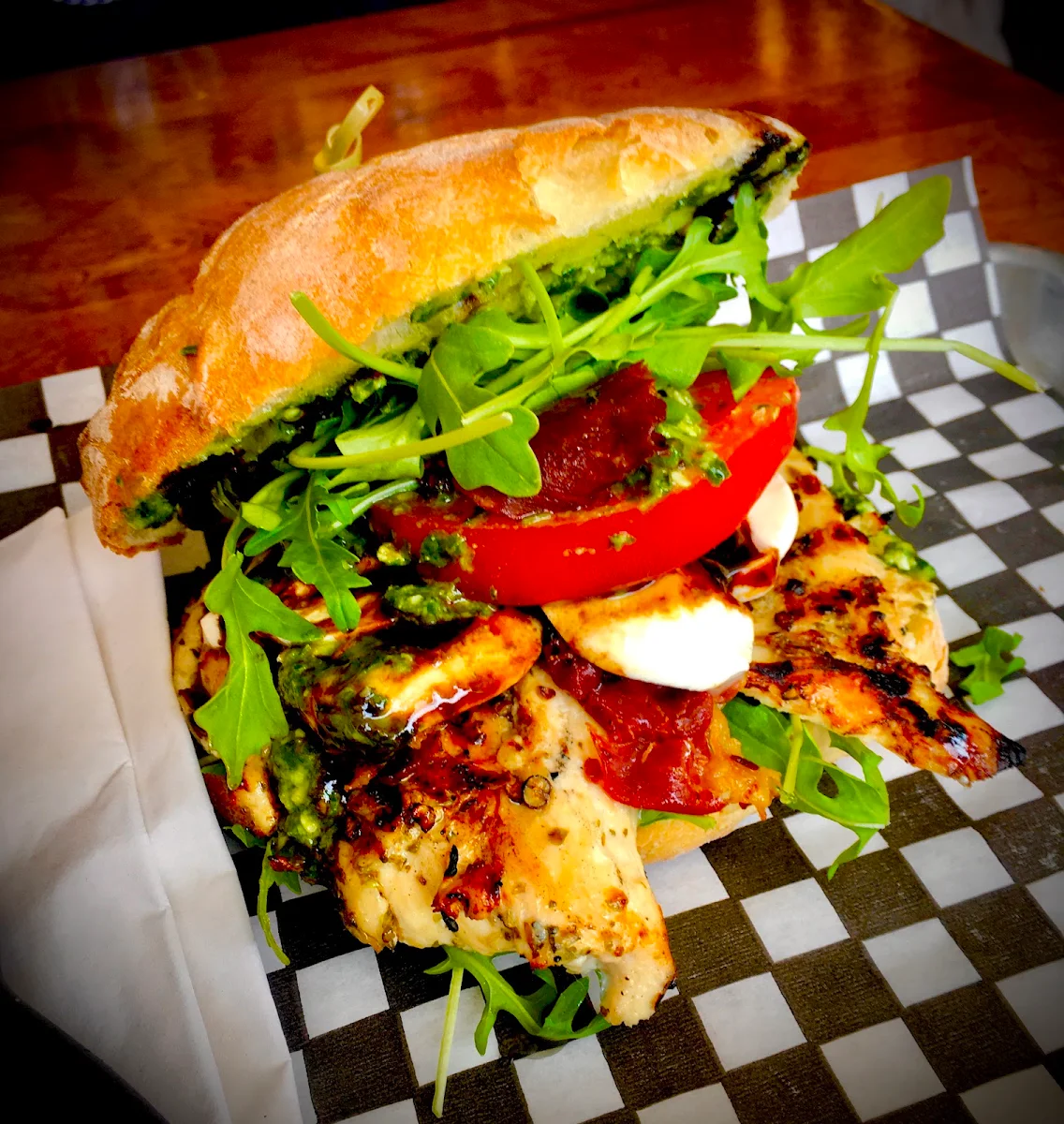 Grilled Peri Chicken Bacon Avocado Onion Jam Tomato Arugula