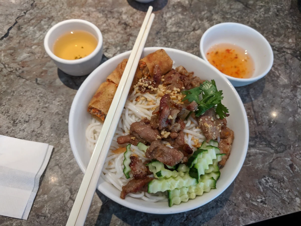Vermicelli with BBQ Chicken and Spring Rolls
