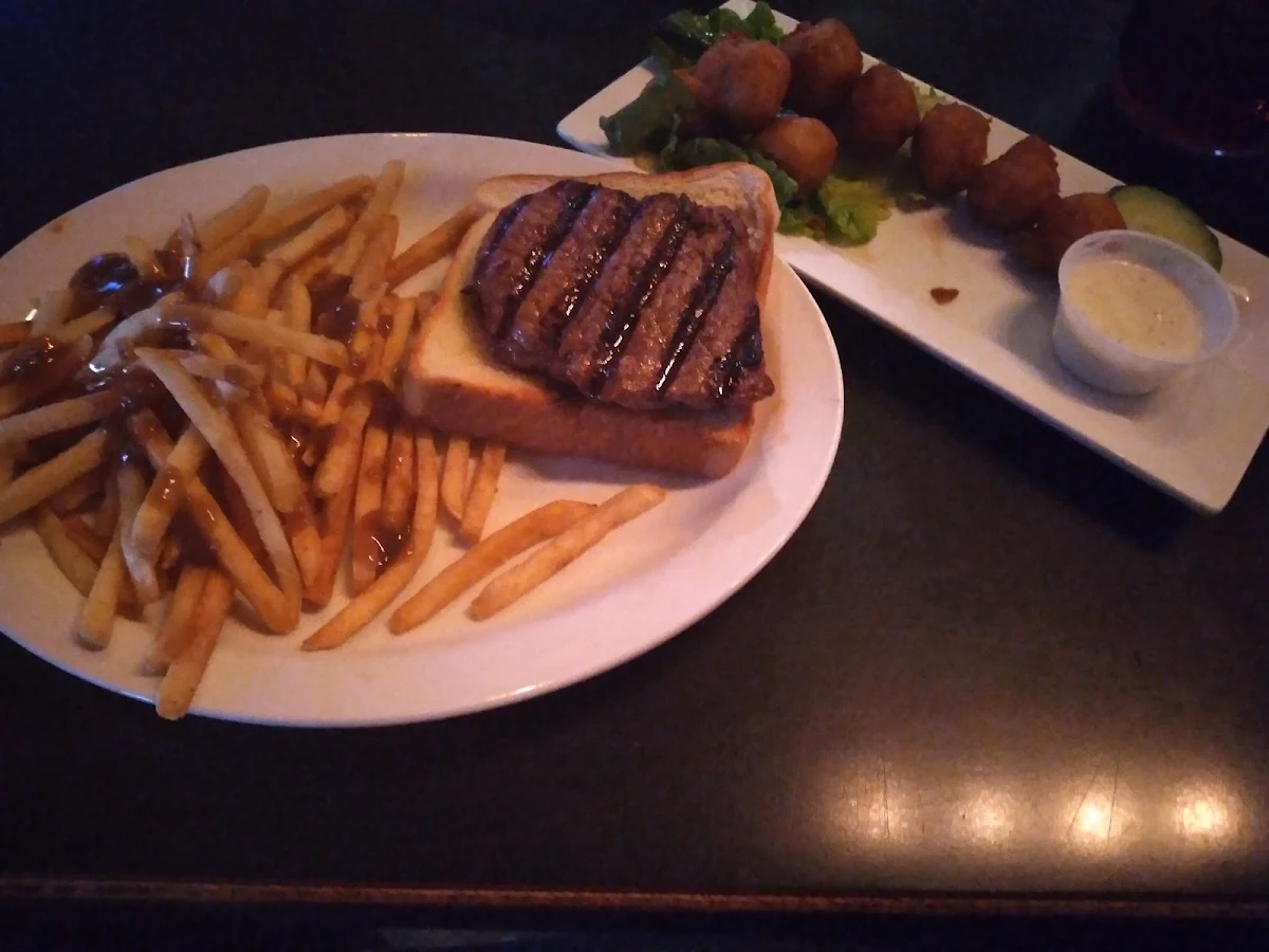 Steak Sandwich with Fries and Deep Fried Mushrooms