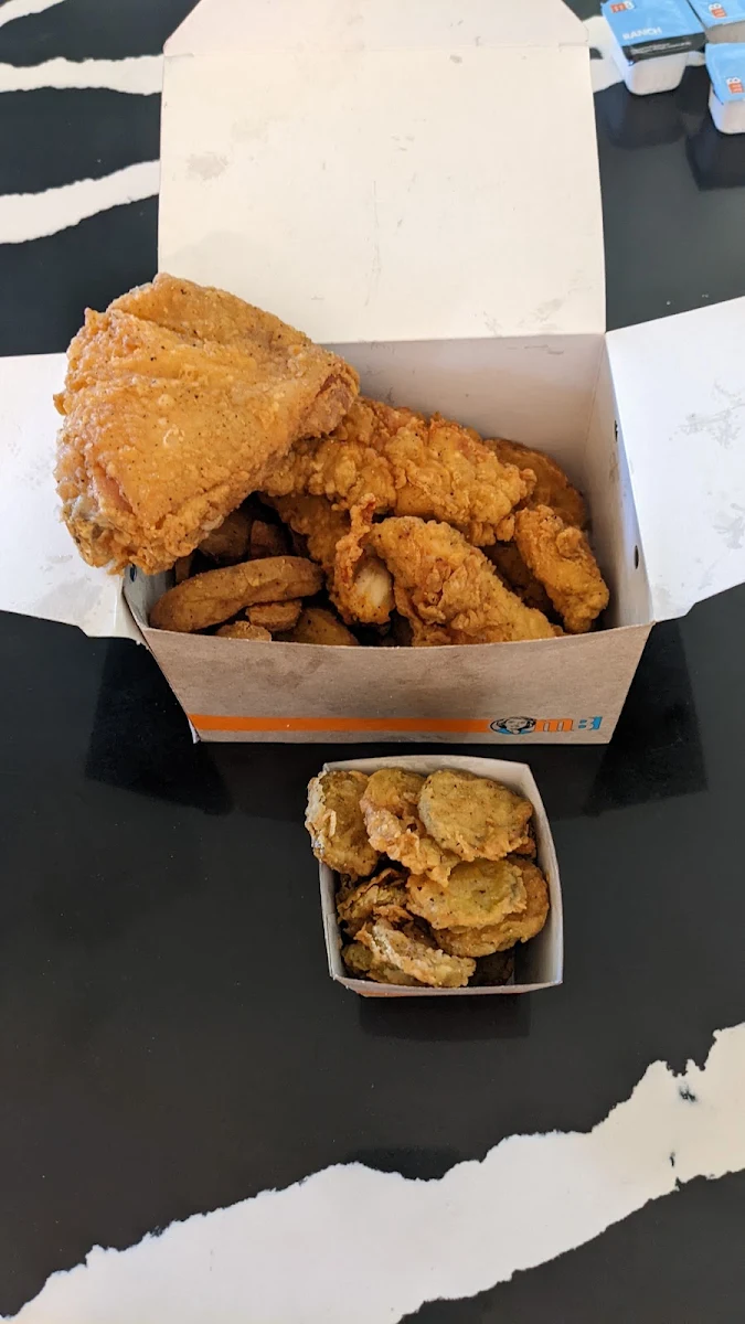 Chicken Strips w Taters 1 Thigh & Pickle Chips