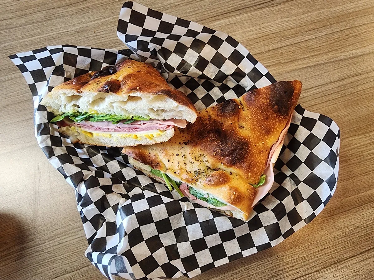 Focaccia Bread with Three Deli Meats Provolone Cheese and Mustard