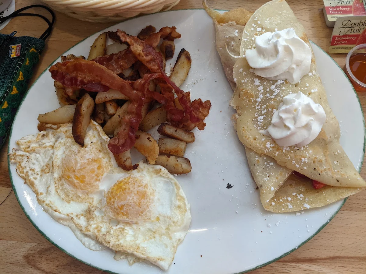 Strawberry and Banana Crepe with Eggs and Bacon
