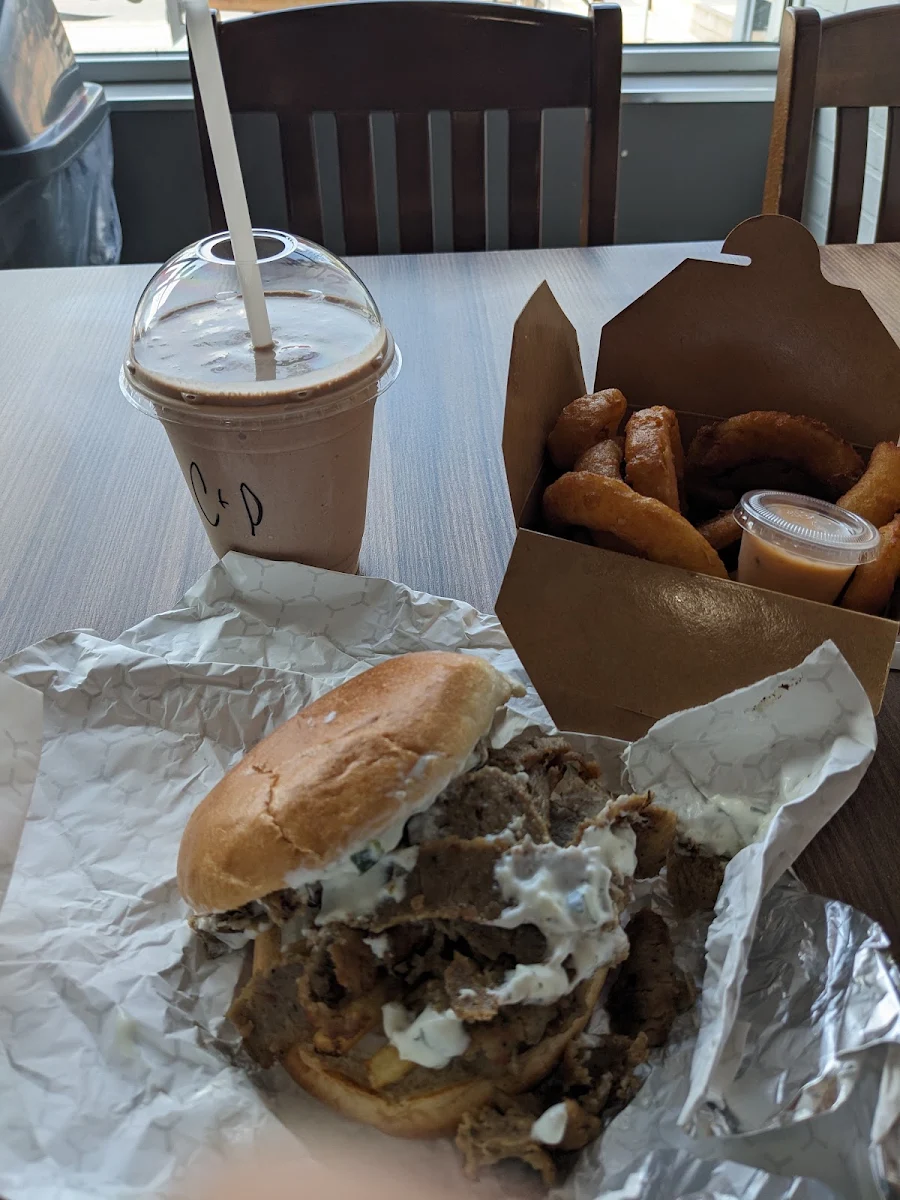Gyros on a Bun Onion Ring Chocolate Shake