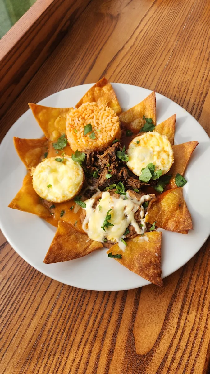 Mexican Brunch Plate Only Sunday Baked Eggs Red Rice Fried Beans Fresh Salsa Protein Tortilla Chips
