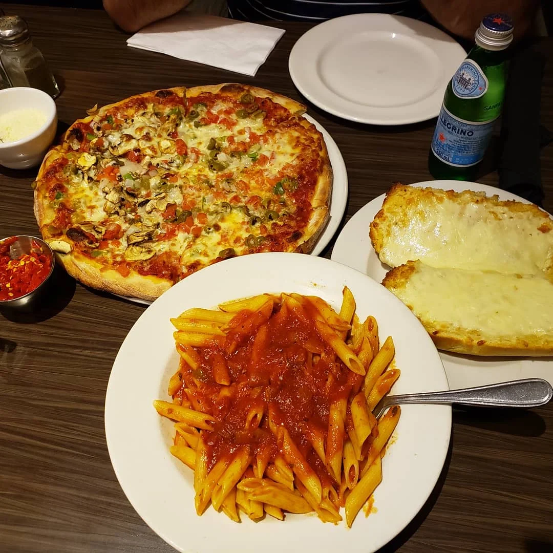 Pizza Pasta and Garlic Bread