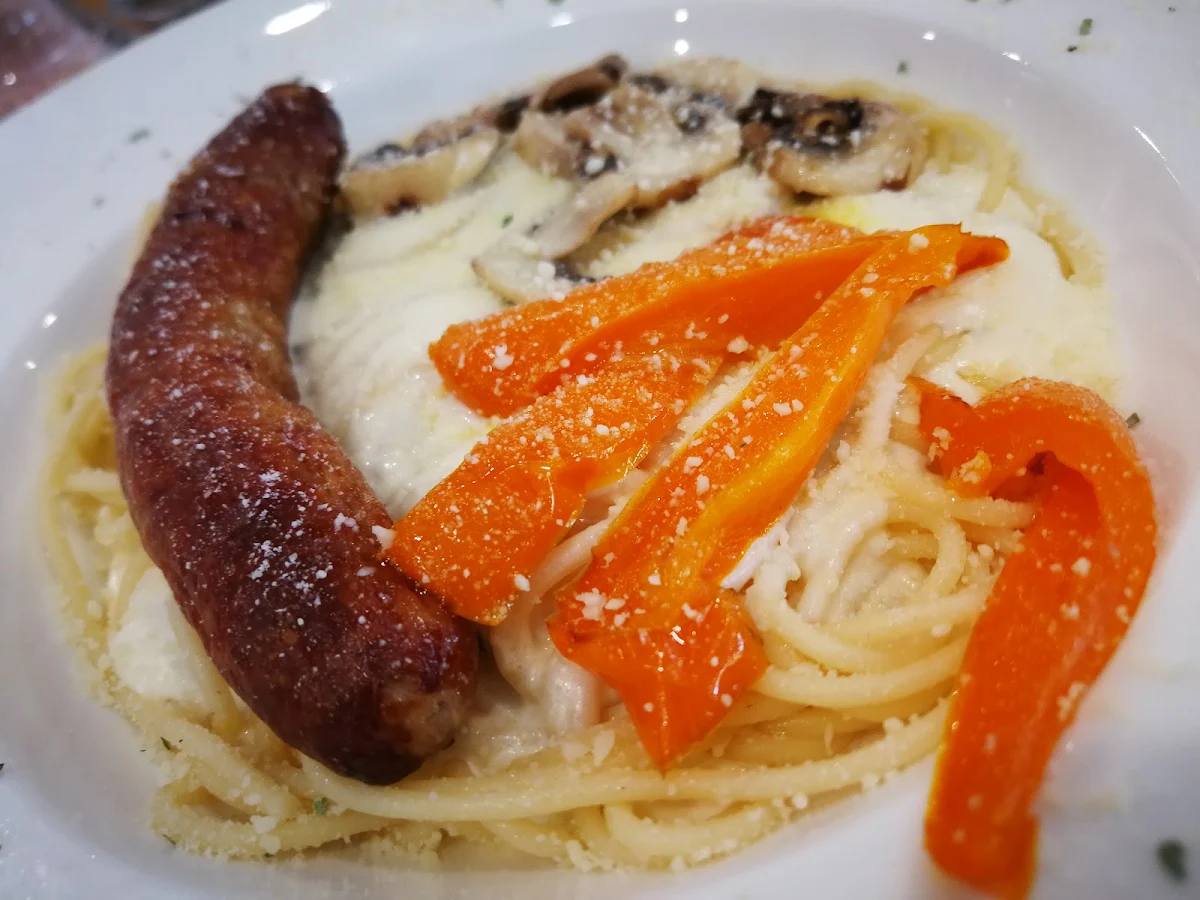 Spaghetti Alfredo with Italian Sausage and Peppers and Mushrooms