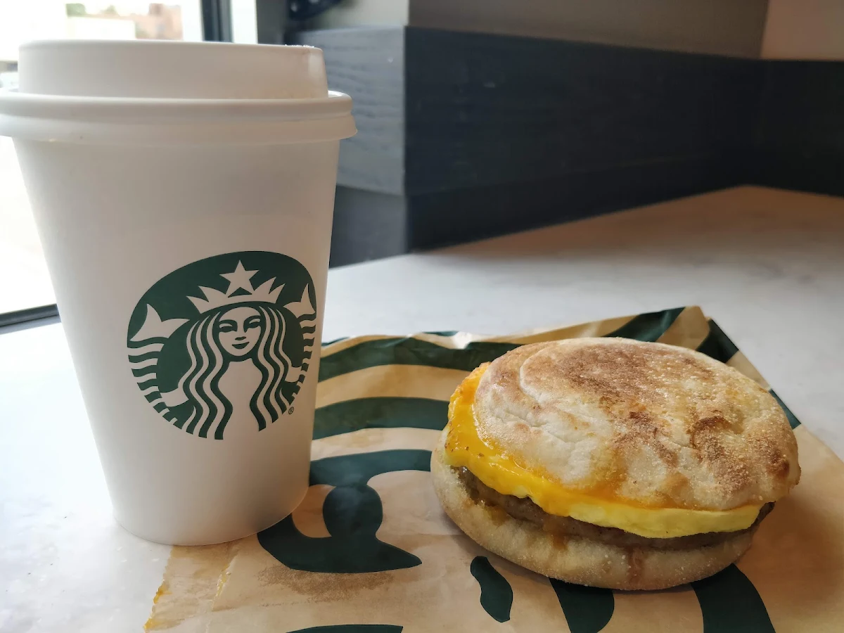 Salted Caramel Mocha and a Sausage Egg and Cheese Breakfast Sandwich