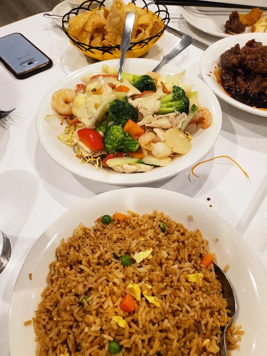 Plain Fried Rice Cantonese Chow Mein and Ginger Beef