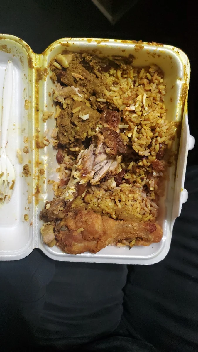 Curry Goat Fried Chicken Rice and Peas