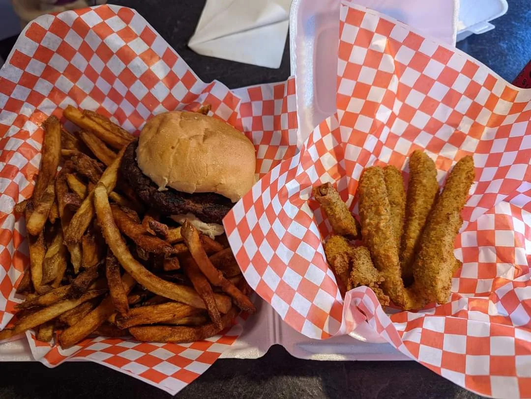 Hamburger with Fries and a Side of Deep Fried Pickles