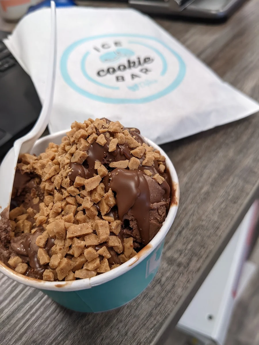 Chocolate Ice Cream Dipped in Hazelnut Praline Topped with SCOR