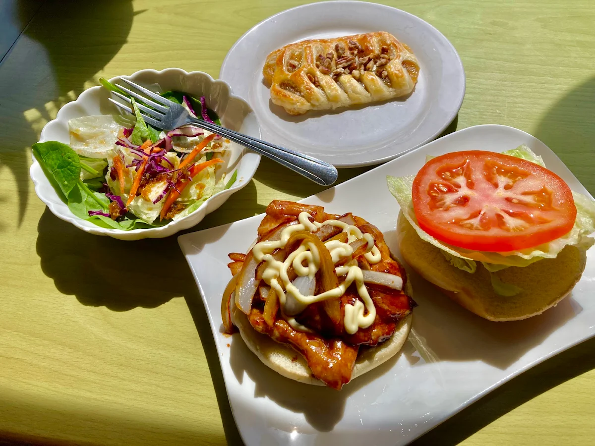 Teri-Mayo Chicken Burger House Salad and Caramel Danish