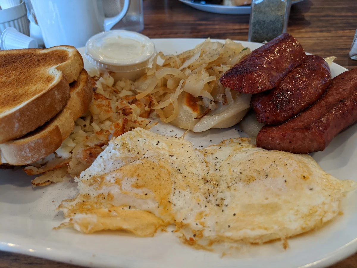 Pierogies and Eggs with Farmer Sausage