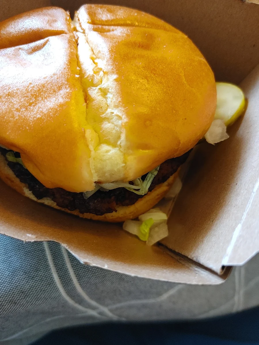 Plant-Based Burger with Pickles Hot Peppers and Lettuce