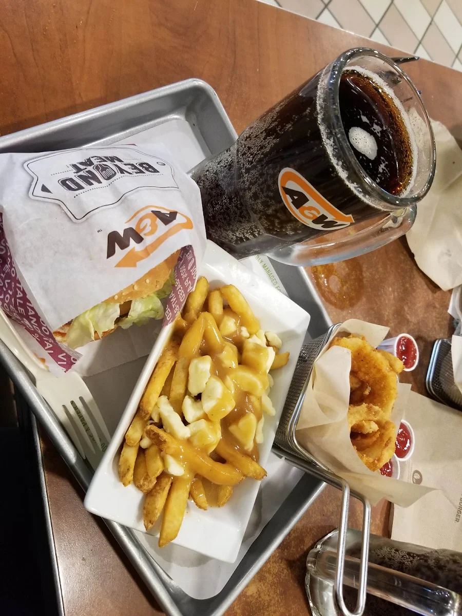 Beyond Meat Teen Burger Poutine Onion Rings & Diet Root Beer