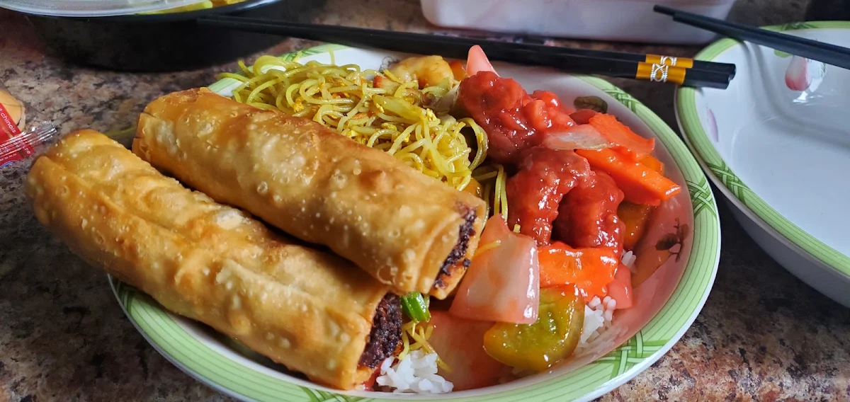 Open Ended Egg Rolls with Sweet and Sour Pork and Singapore Noodles