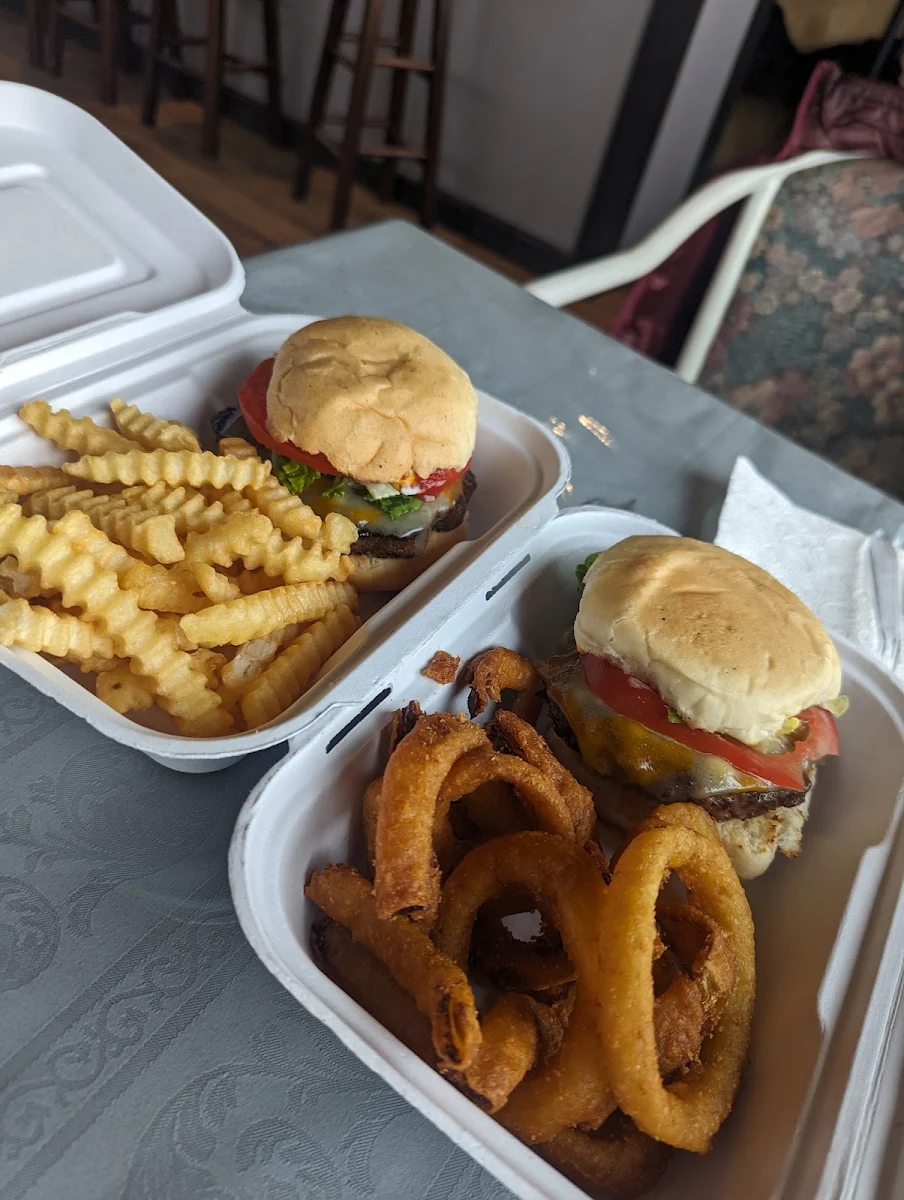 Burger and Fries a D Onion Rings