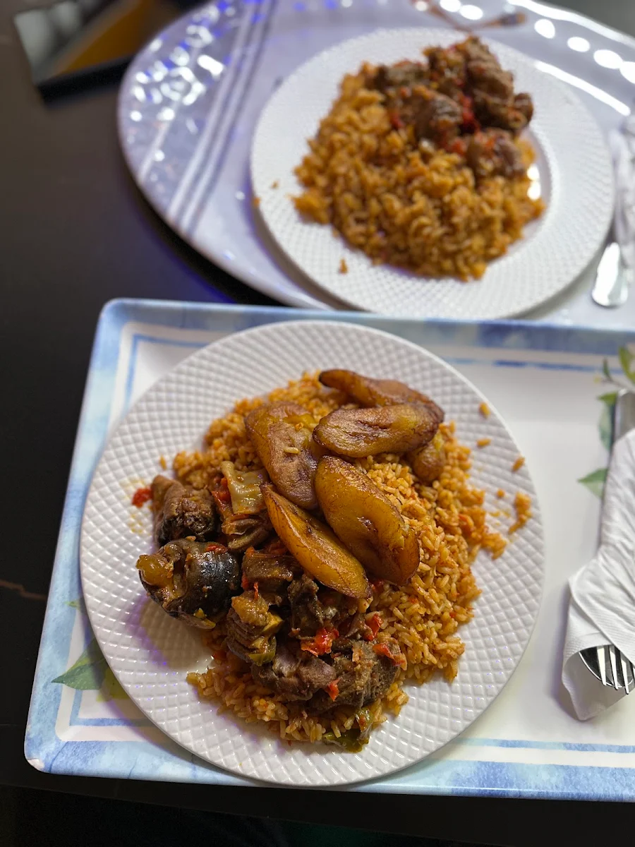Goat Jollof Rice and Plantain