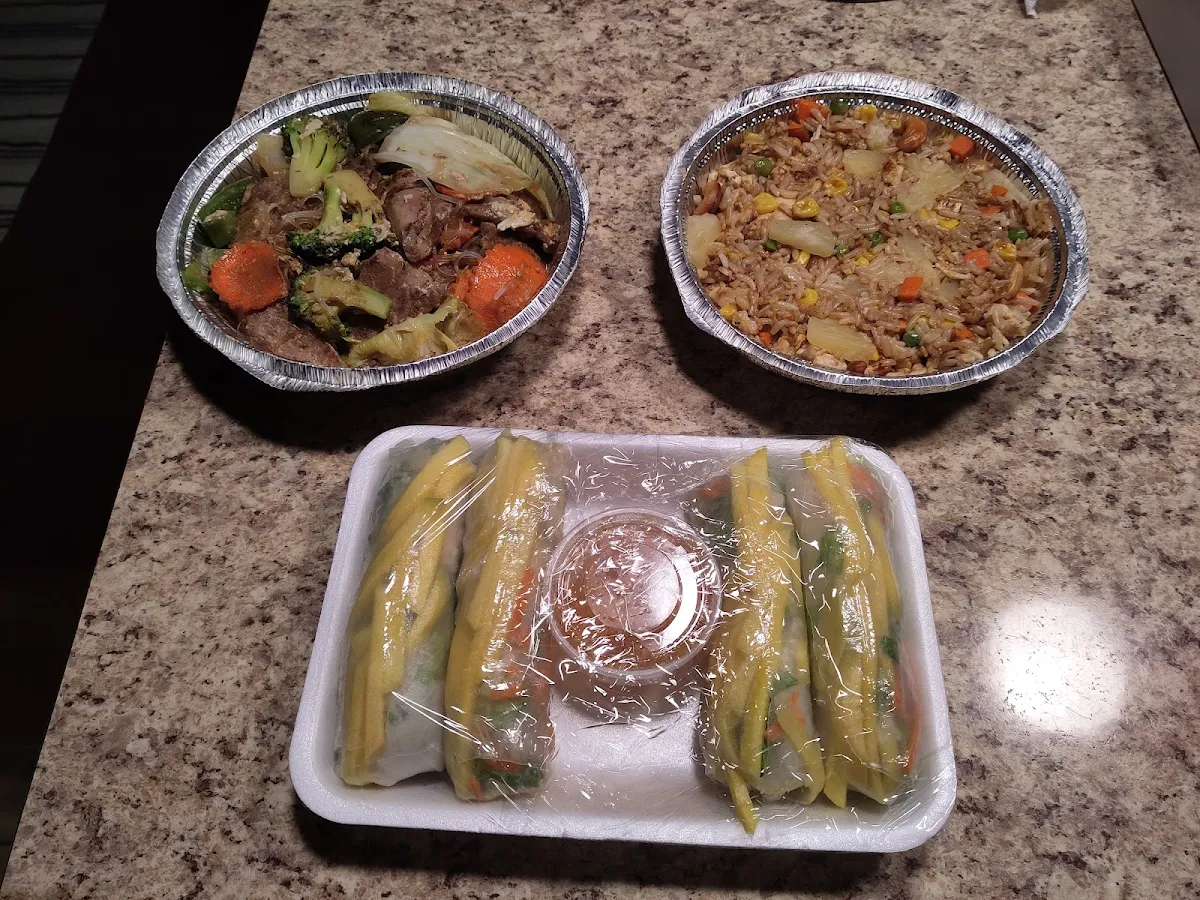 Fried Glass Noodles Pineapple Fried Rice and Mango Fresh Rolls