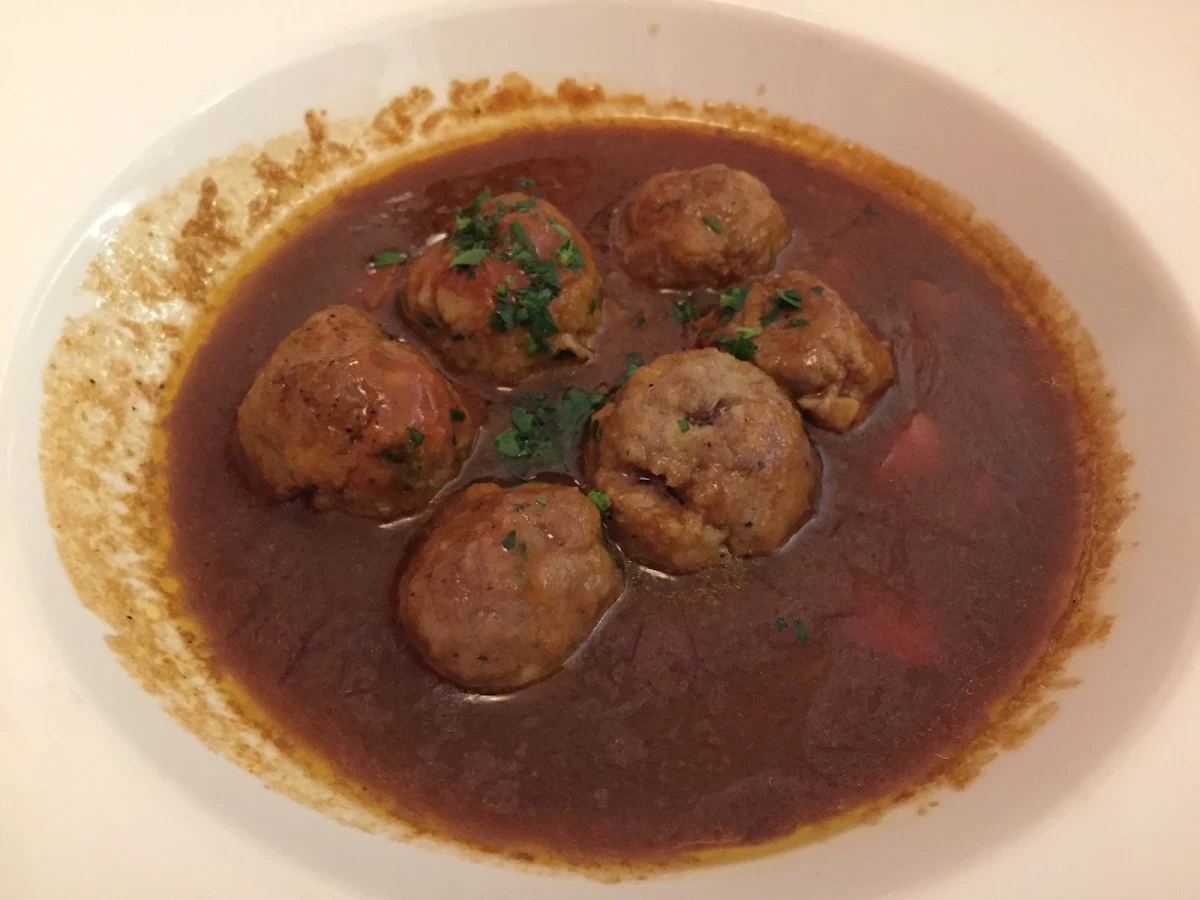 Spanish Style Meatballs Served with Veal Jus and Tomato Sauce