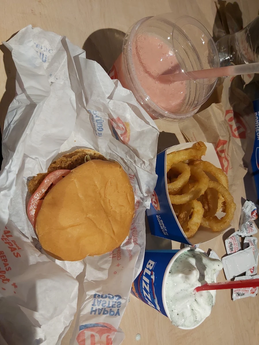 Grilled Chicken Burger Strawberry Banana Smoothie Onion Rings and a Mint Oreo Blizzard
