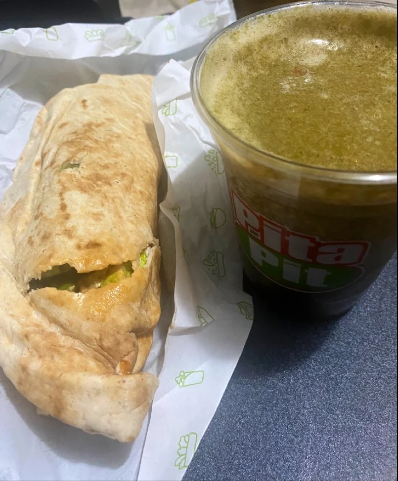 Spicy Buffalo Chicken Pita with Strawberry Smoothie