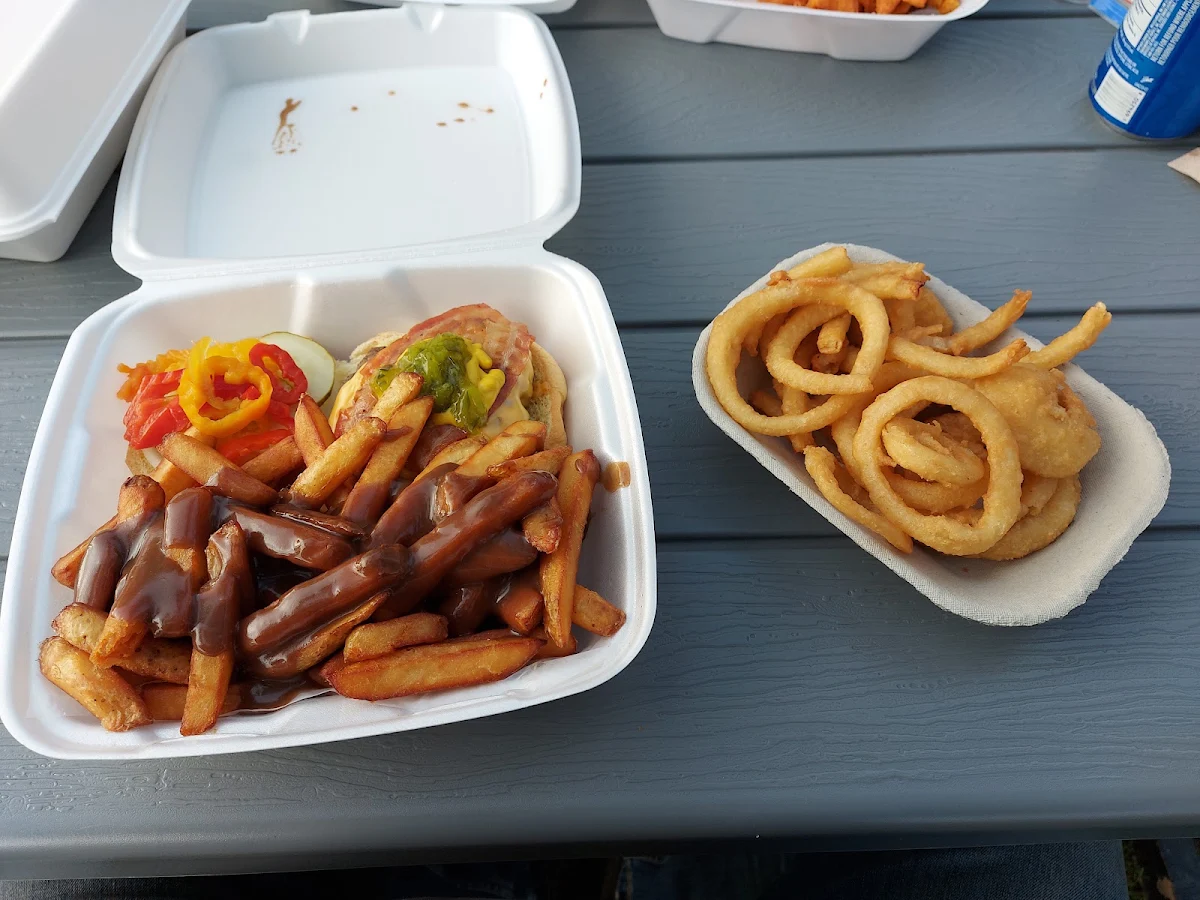 Bacon Cheeseburger Fries and Gravy with Onion Rings