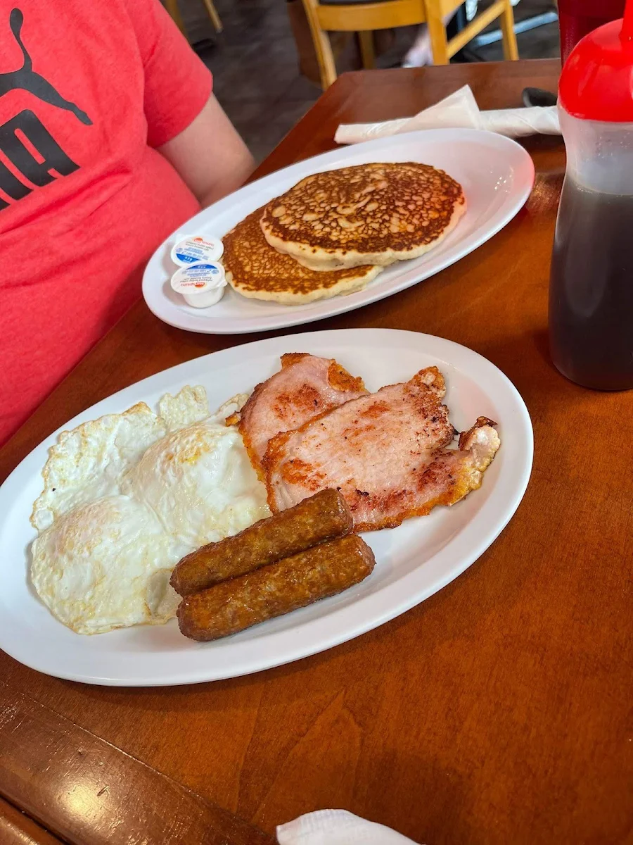 Pancake Slam Pancakes Peameal Bacon Sausage and Eggs