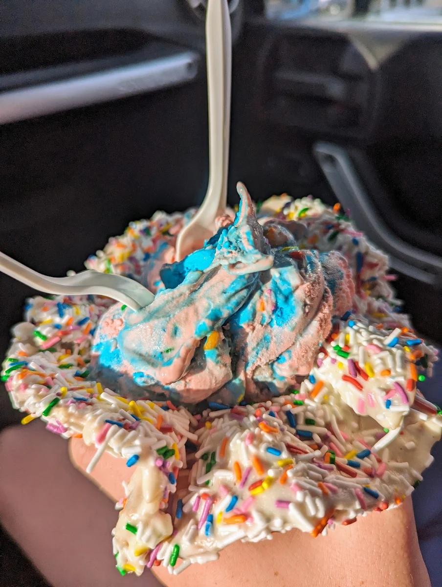 Bubble Gum & Cotton Candy Mix in a White Chocolate Waffle Bowl with Sprinkles