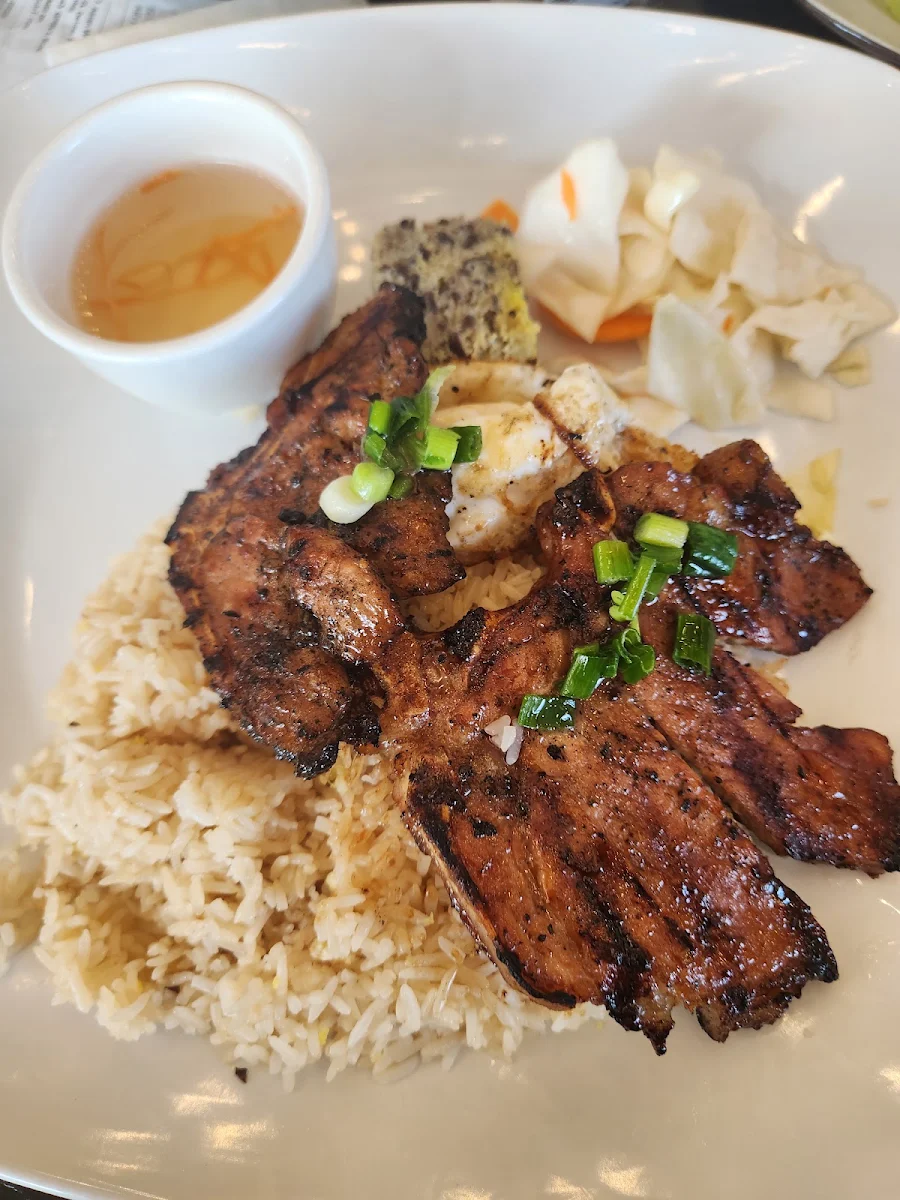 Grilled Pork Chop Fried Egg and Meat Pie on Rice
