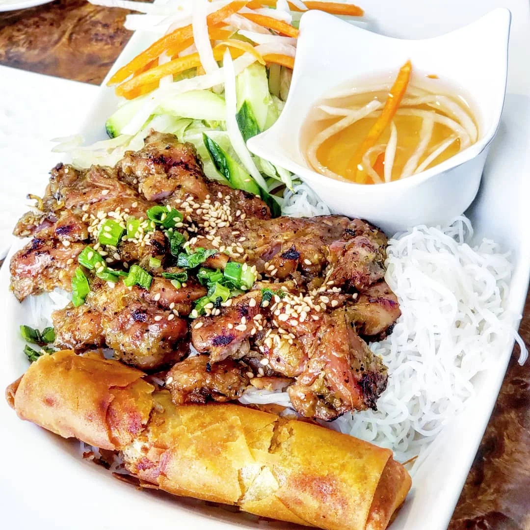 Grilled Shredded Pork with Crispy Spring Roll - Cơm Thịt Nướng Chả Giò
