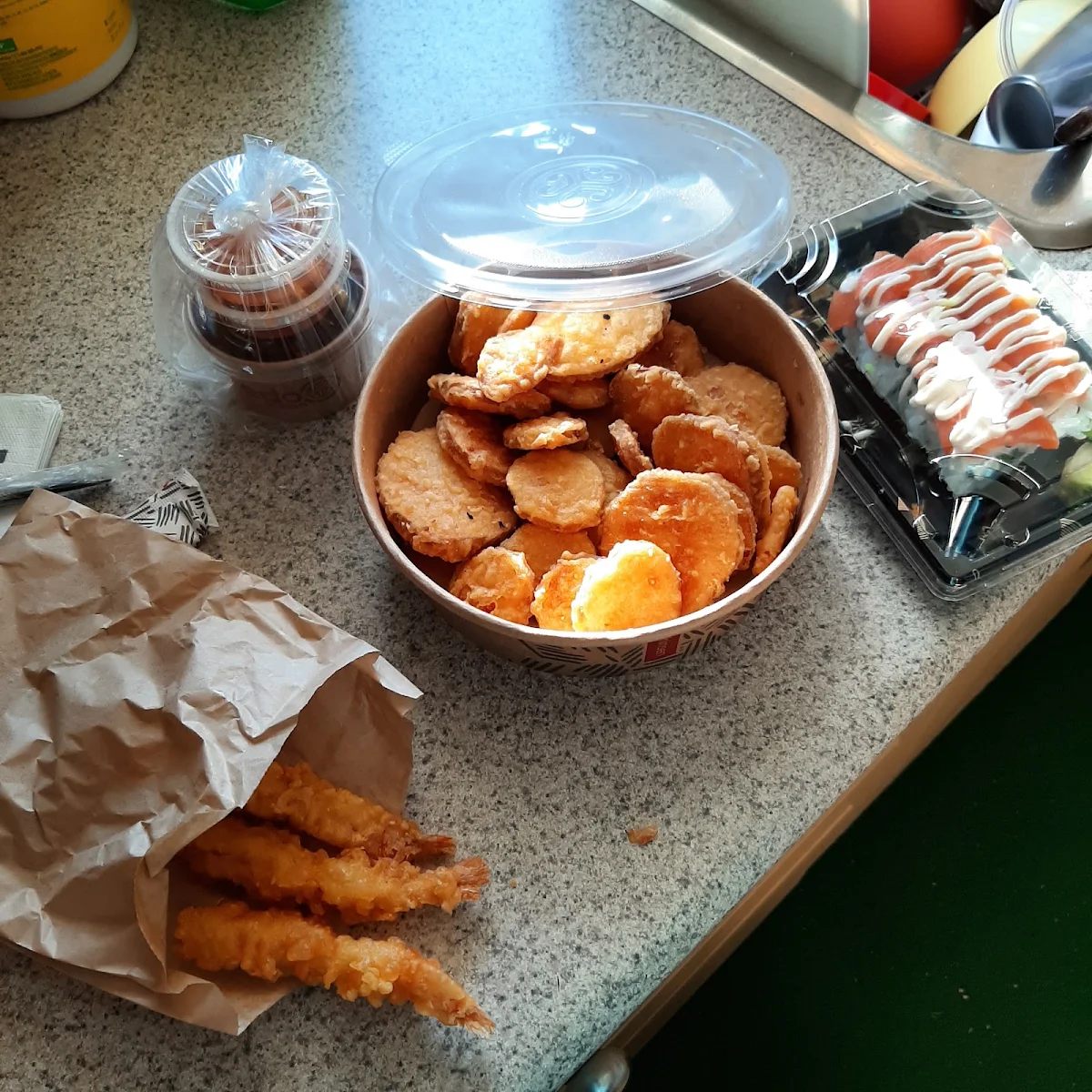 Yam Tempura Tempura Shrimp and Sushi