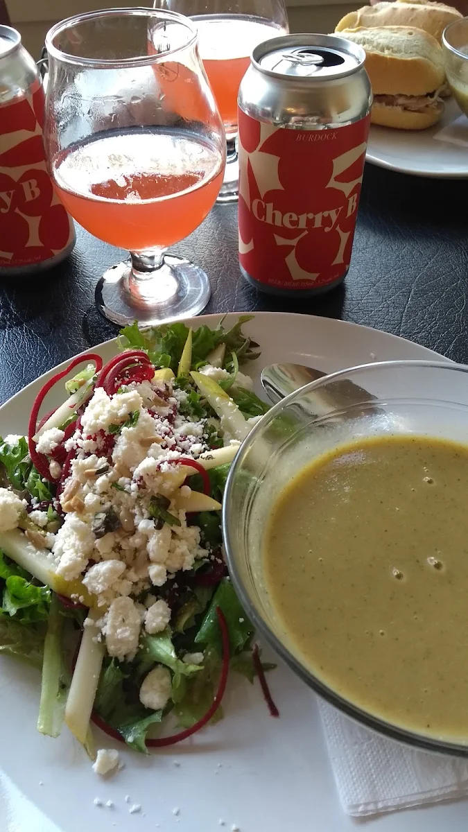 Ginger Broccoli Soup with Beet and Pear Salad