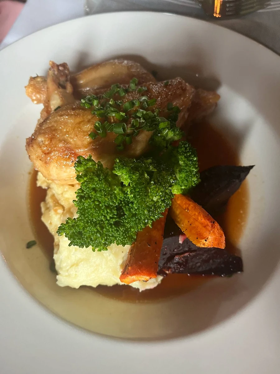 Roasted Half Chicken with Chicken Jus Mashed Potatoes and Seasonal Vegetables