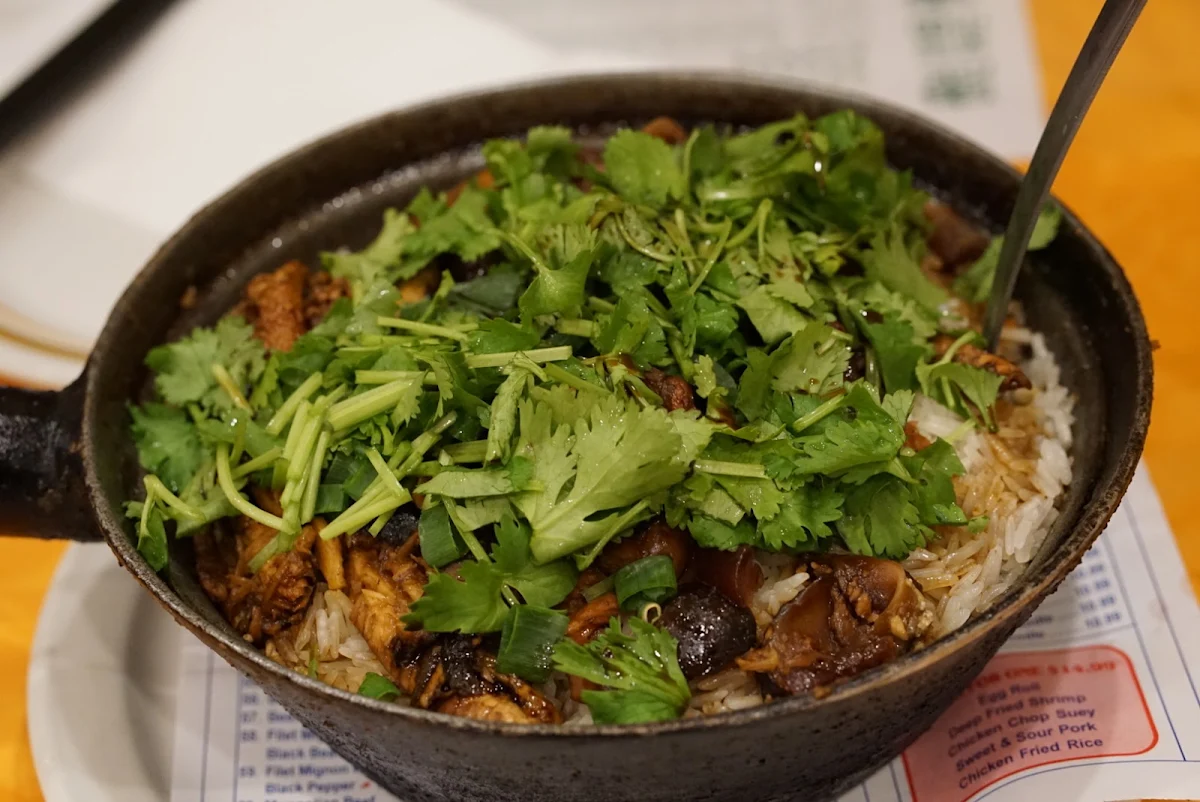 claypot rice with preserved mustard greens and patchouli 梅菜斑块煲仔饭