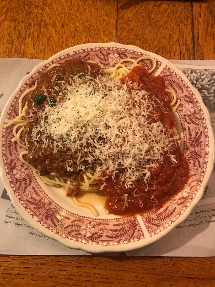 Pot-Pourri Spaghetti with Meat Mizithra Cheese and Marinara Sauce